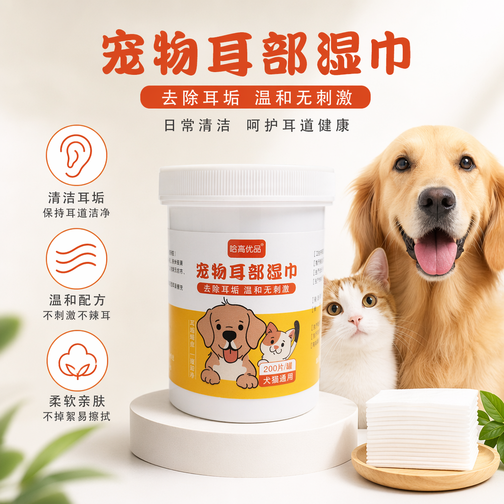 哈高优品宠物耳部湿巾200片白色罐装黄白标签卡通犬猫图温和清洁