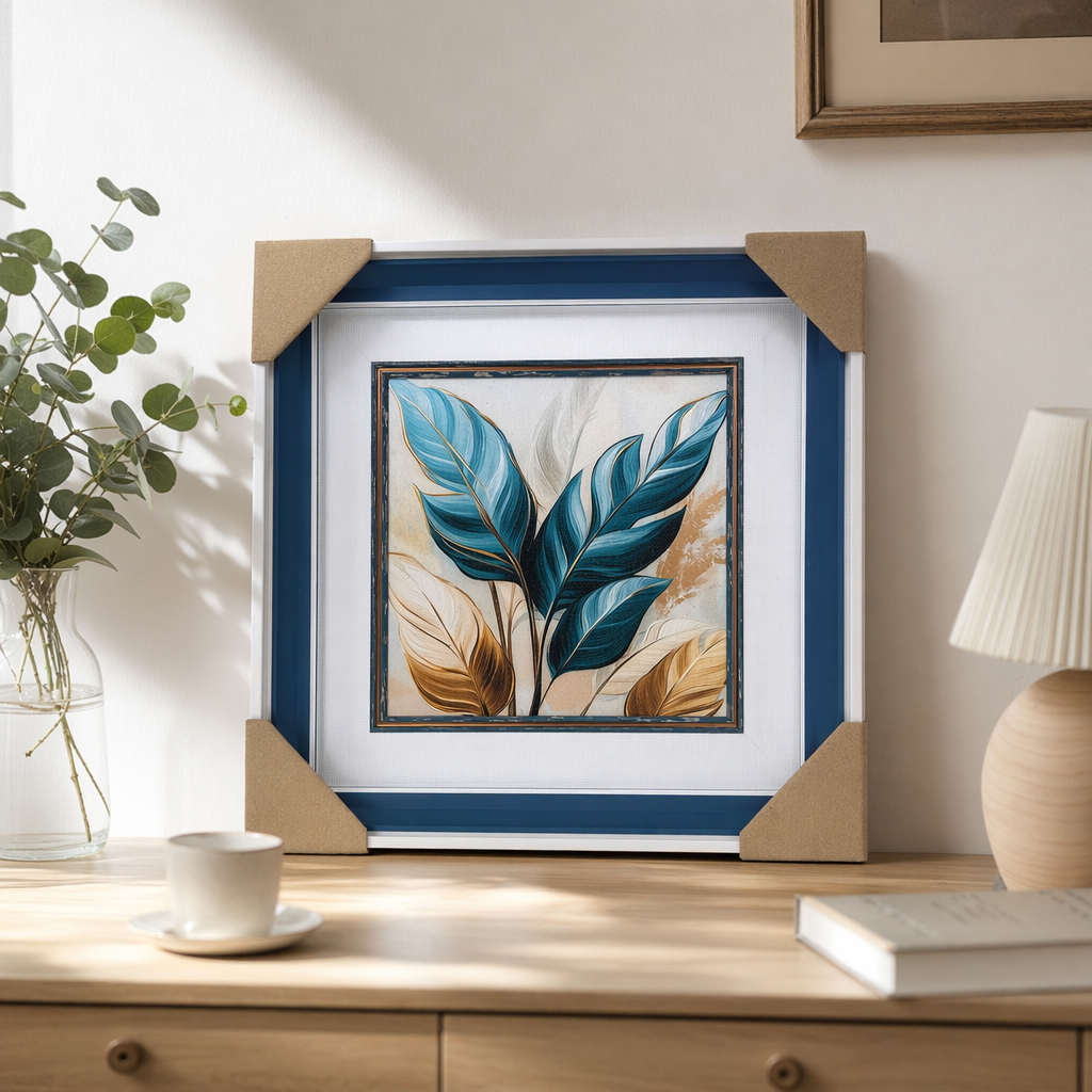 Blue, green and brown leaf-themed decorative paintings, living room and bedroom hanging paintings, artistic abstract leaf paintings details Picture