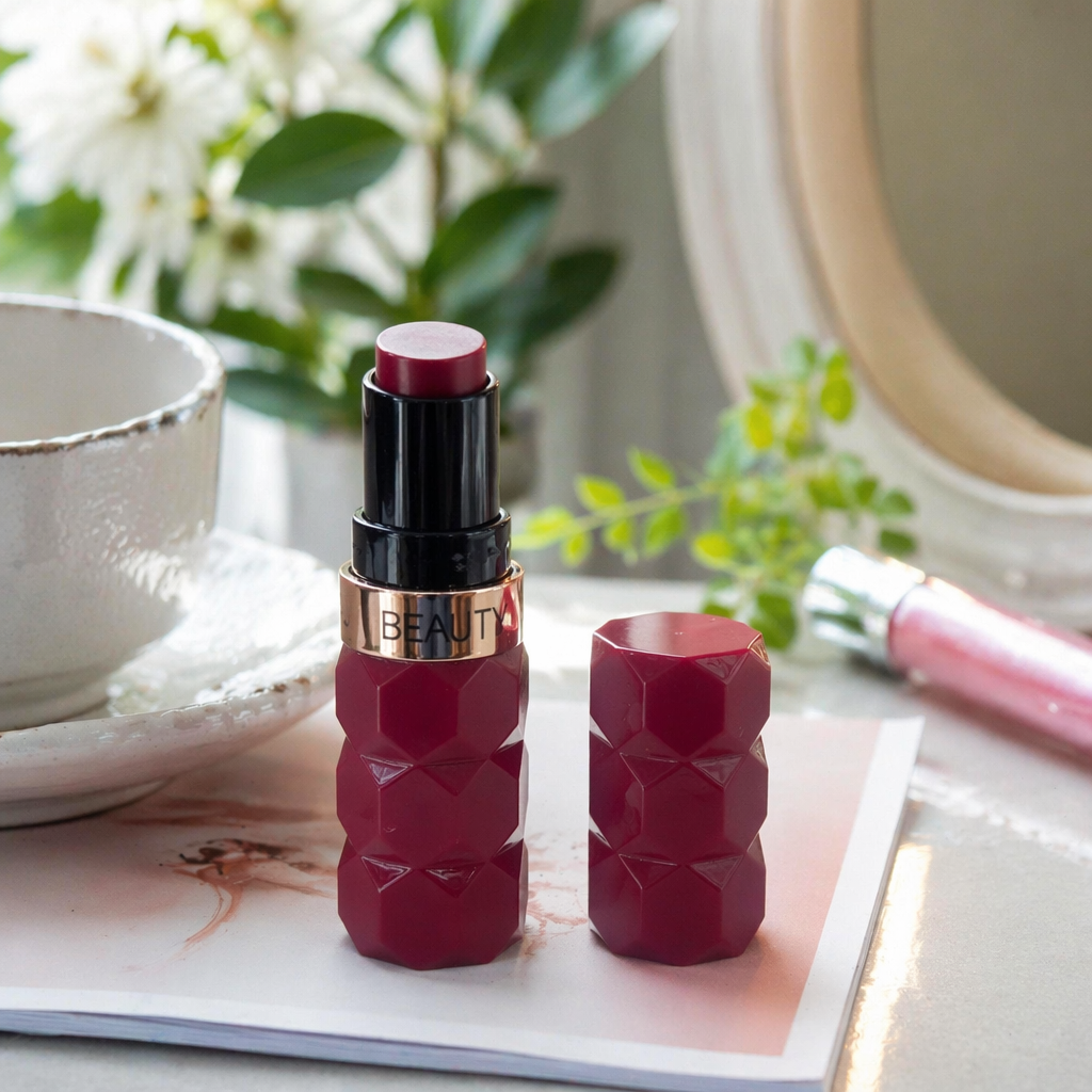 Geometric texture lipstick tube, fashionable metallic texture, simple design. Lipstick tube, lip gloss tube, cosmetic packaging material