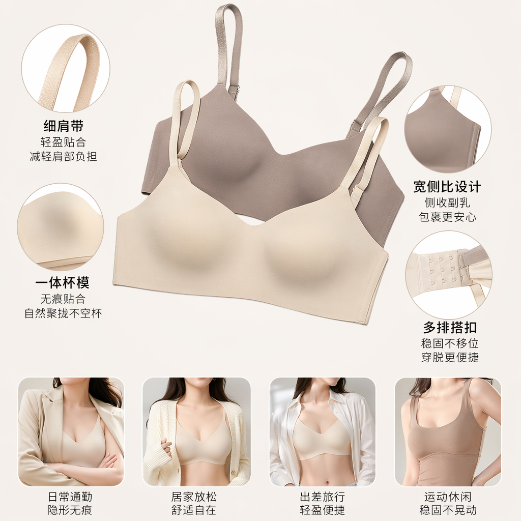 米色浅棕双色可选无钢圈舒适文胸图