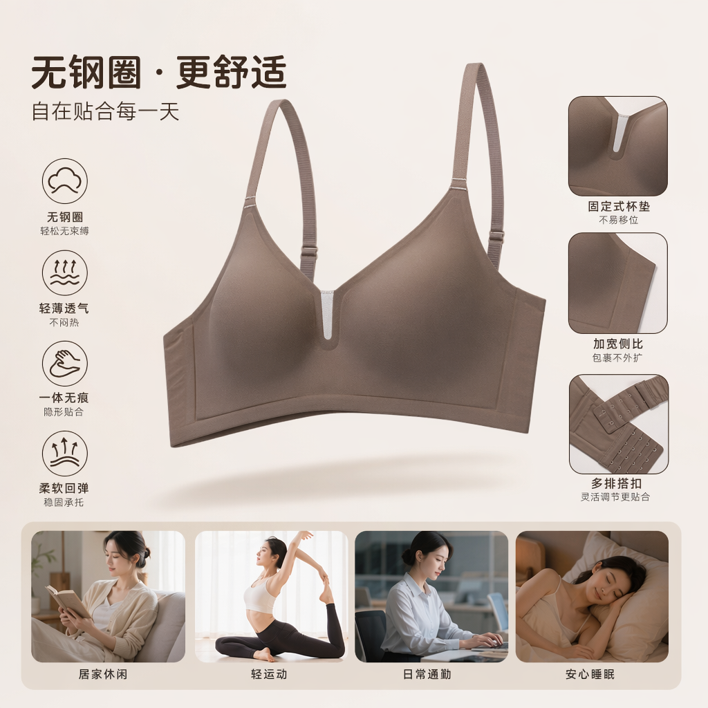 奶咖色无钢圈舒适聚拢文胸