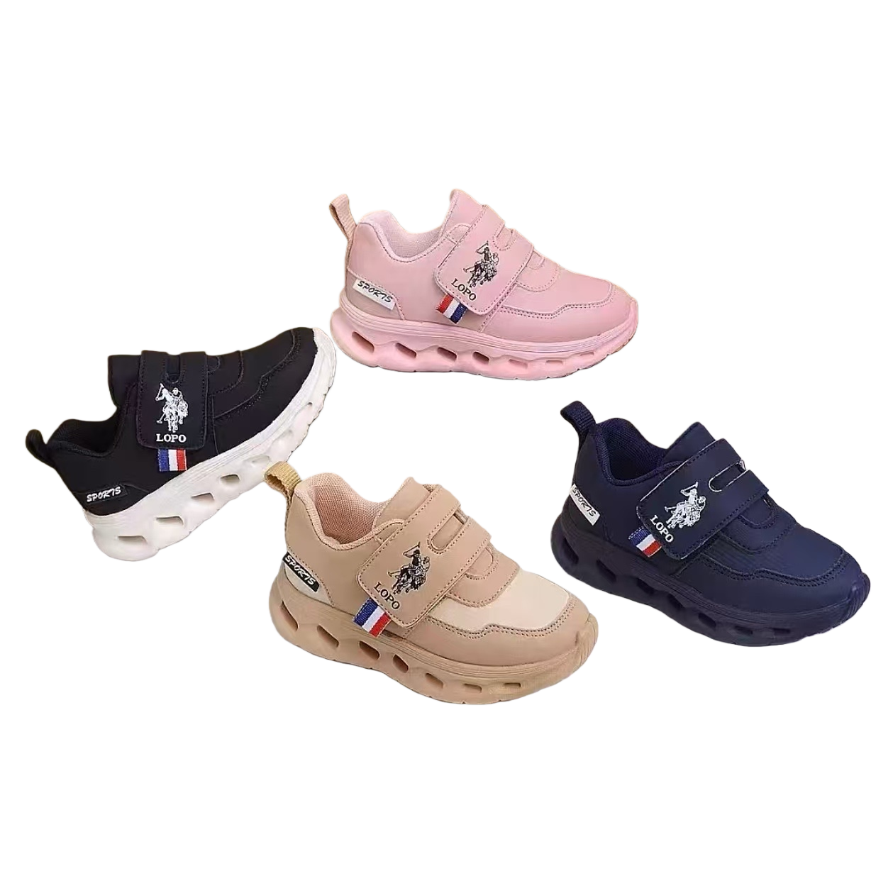 LOPO children's sports shoes in pink, black, khaki, deep blue, EVA light sole, Velcro and French flag stripes Item Picture