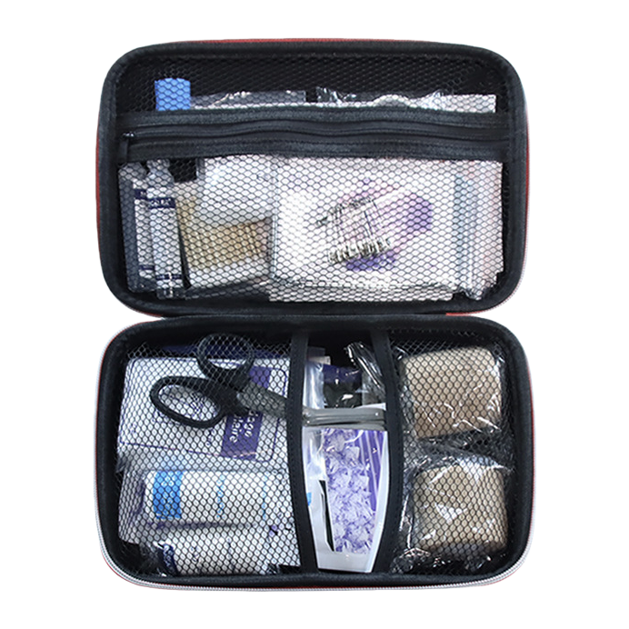 A portable outdoor home medical storage bag for first aid kits separated by black mesh bags Item Picture
