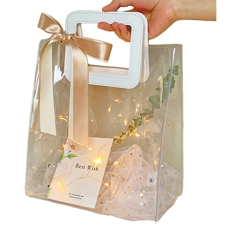 Transparent handbag with light strings, green plants, cards, gauze, white square handle, champagne-colored silk strap Item Picture