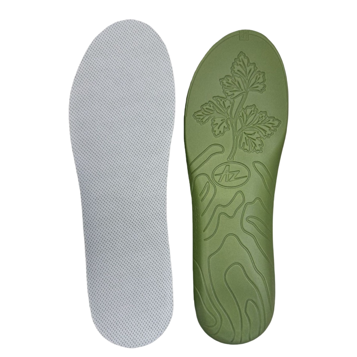 The green insole has a white mesh on the left and an olive green leaf-shaped AZ logo on the right Item Picture