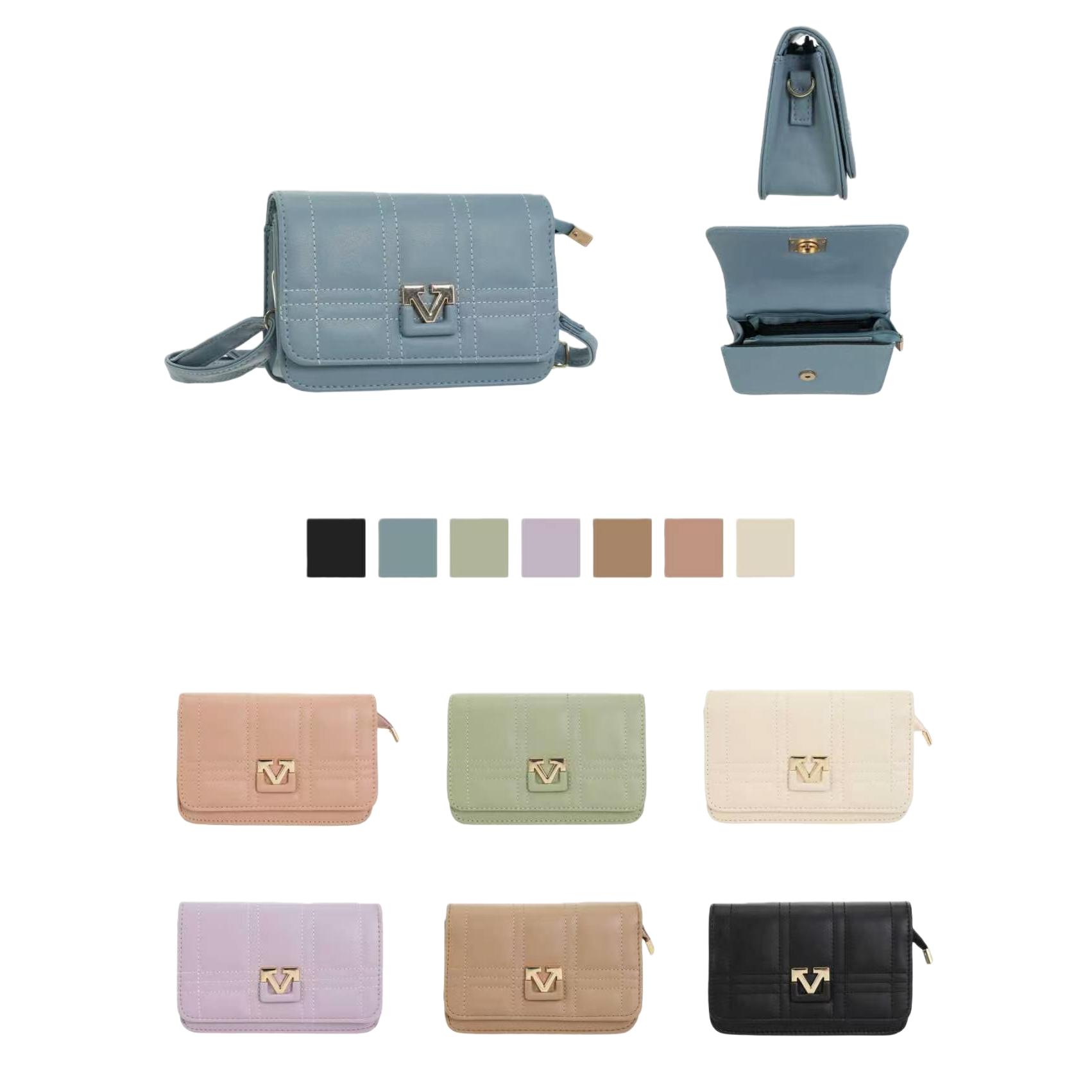 A light blue diamond-patterned small square bag with a detachable shoulder strap featuring golden V-shaped fasteners Item Picture