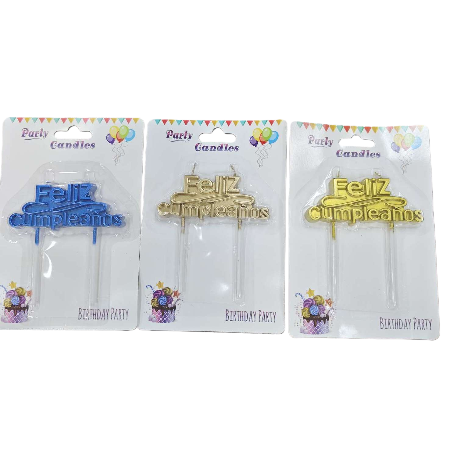 Feliz cumpleanos colorful birthday candles in three styles: blue, gold and yellow Item Picture