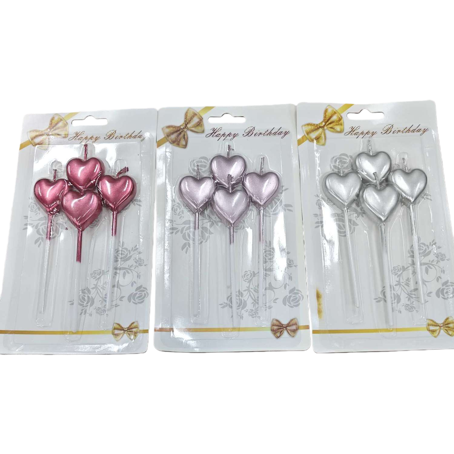 Three sets of heart-shaped birthday candles in pink, light purple and silver, with a "HappyBirthday" bow and plastic packaging Item Picture