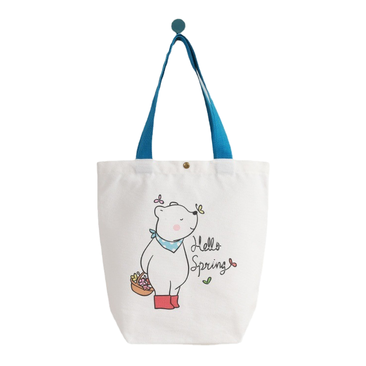 A simple and versatile white canvas bag with a cartoon bear pattern Item Picture