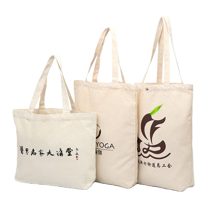 Three beige canvas bags containing YOGA calligraphy, abstract graphics, long handles, light blue gradient background Item Picture