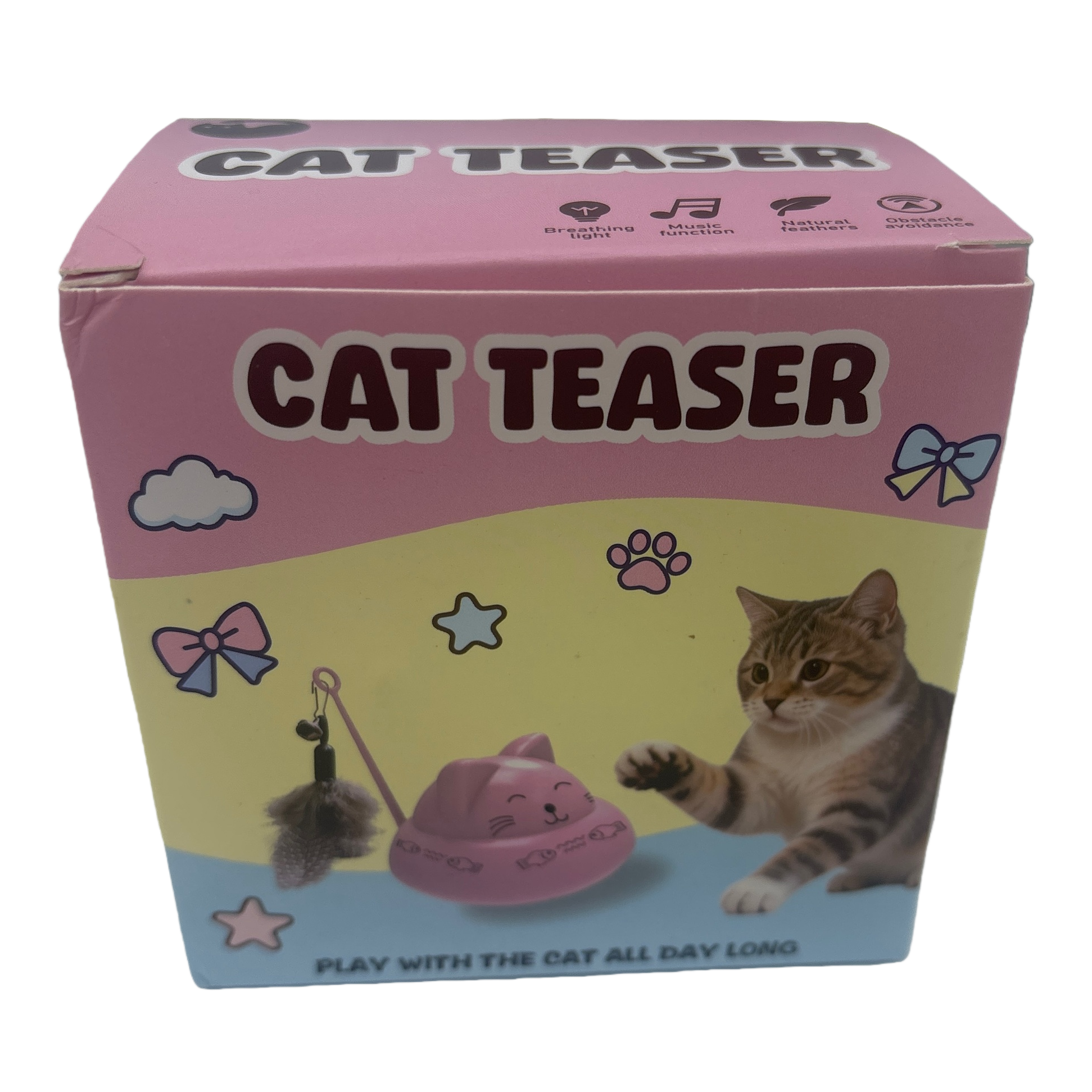 Pink CAT toy box with CAT TEASER print and feather stick pattern Item Picture
