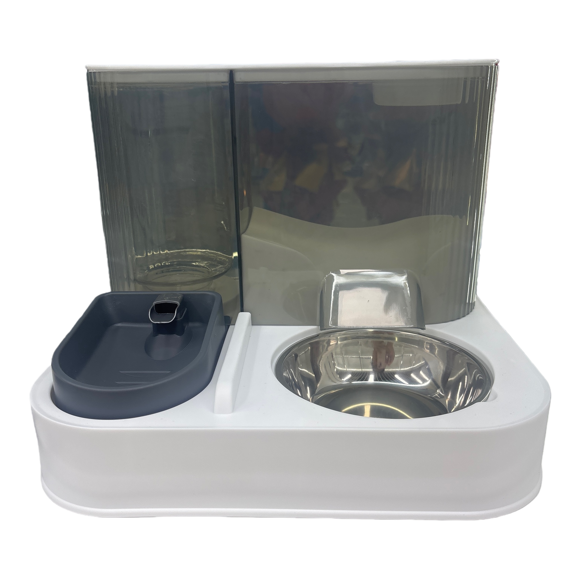 A white automatic pet feeder with a grey drinking tray and stainless steel food bowl Item Picture