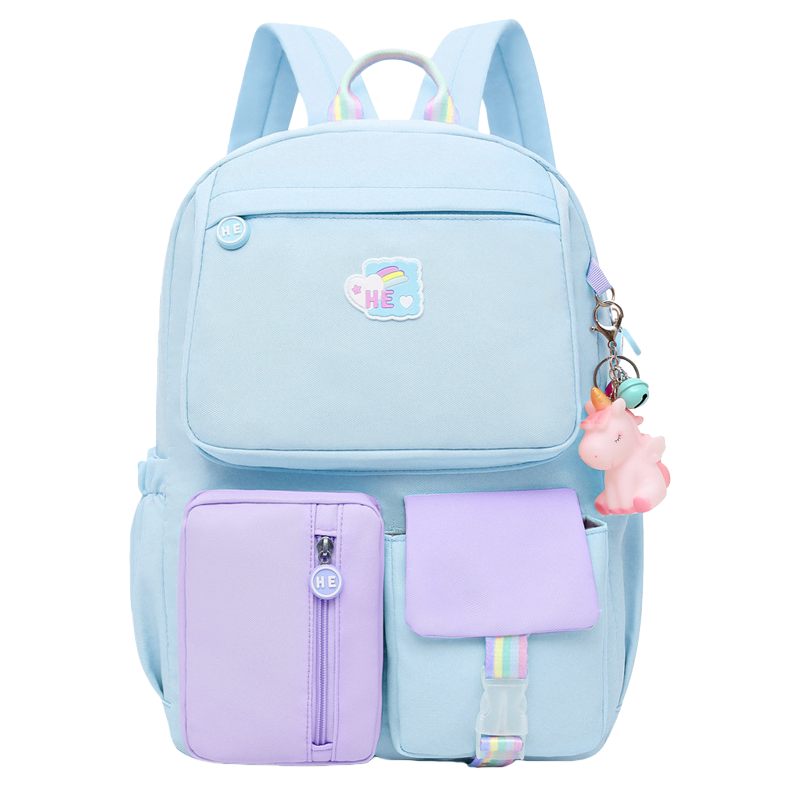 A light blue backpack with a purple front pocket and rainbow decoration, a lightweight student commuting backpack Item Picture