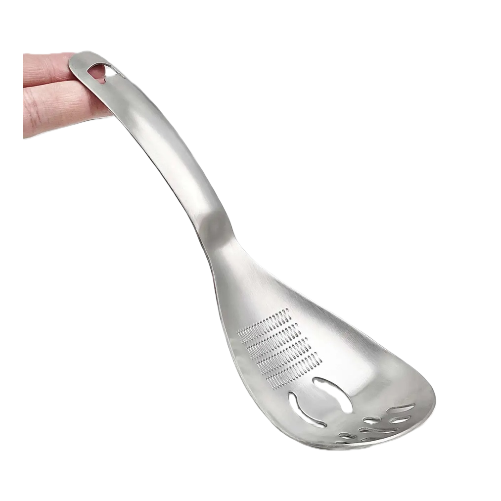 Silver metal strainer, kitchen stainless steel fine filter water draining spoon, household stir-frying and noodle scooping tools Item Picture