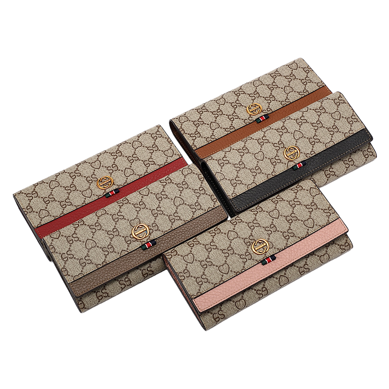 Beige heart-shaped printed long wallet with red, brown, black and pink four-color leather stripes and golden double G buckle Item Picture