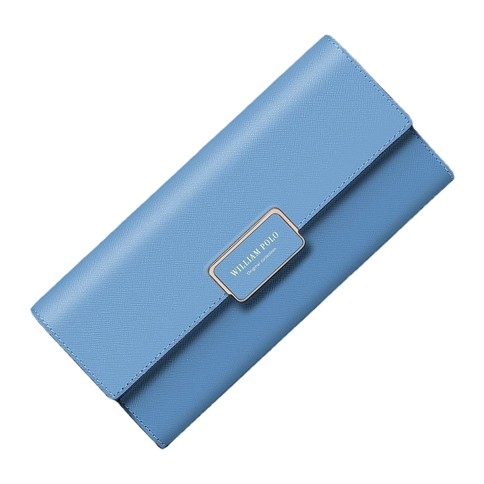A light blue long wallet for women, simple and fashionable, made of genuine leather, with large capacity and multiple slots Item Picture