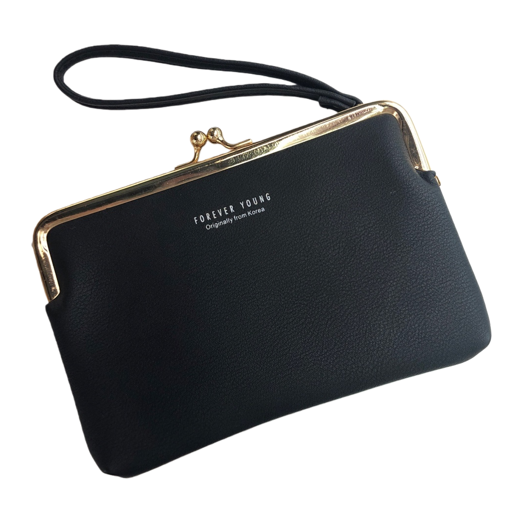 A black clutch with a golden metal buckle and a black wristband Item Picture