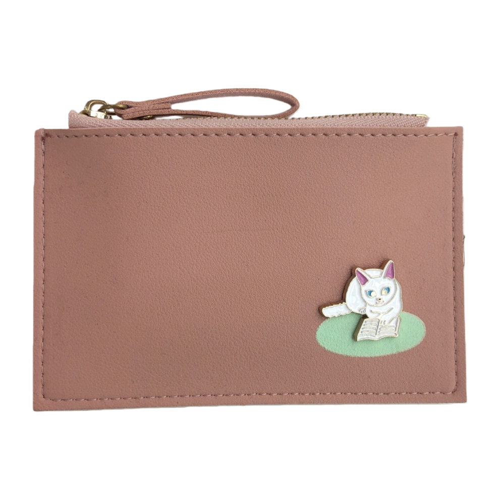 A cute and girlish leather wallet with a pink wallet and a white cat book badge Item Picture