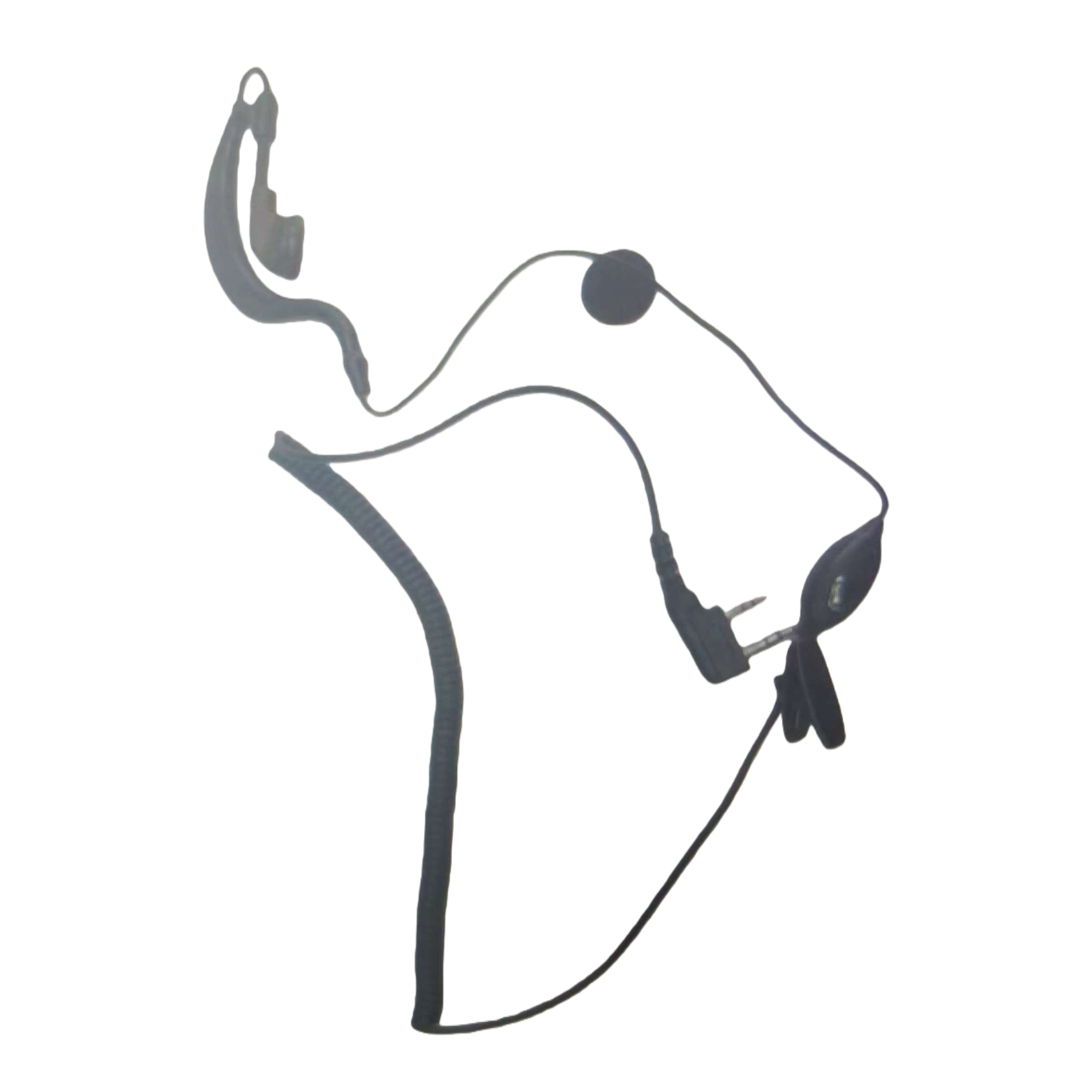Black headset with ear-mounted microphone, spiral cable and dual plugs Item Picture