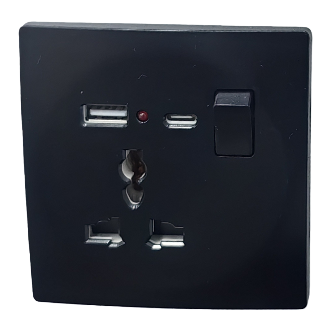 T5 Black multi-functional USB+C wall socket panel, home wall-mounted safety anti-electric shock outlet Item Picture