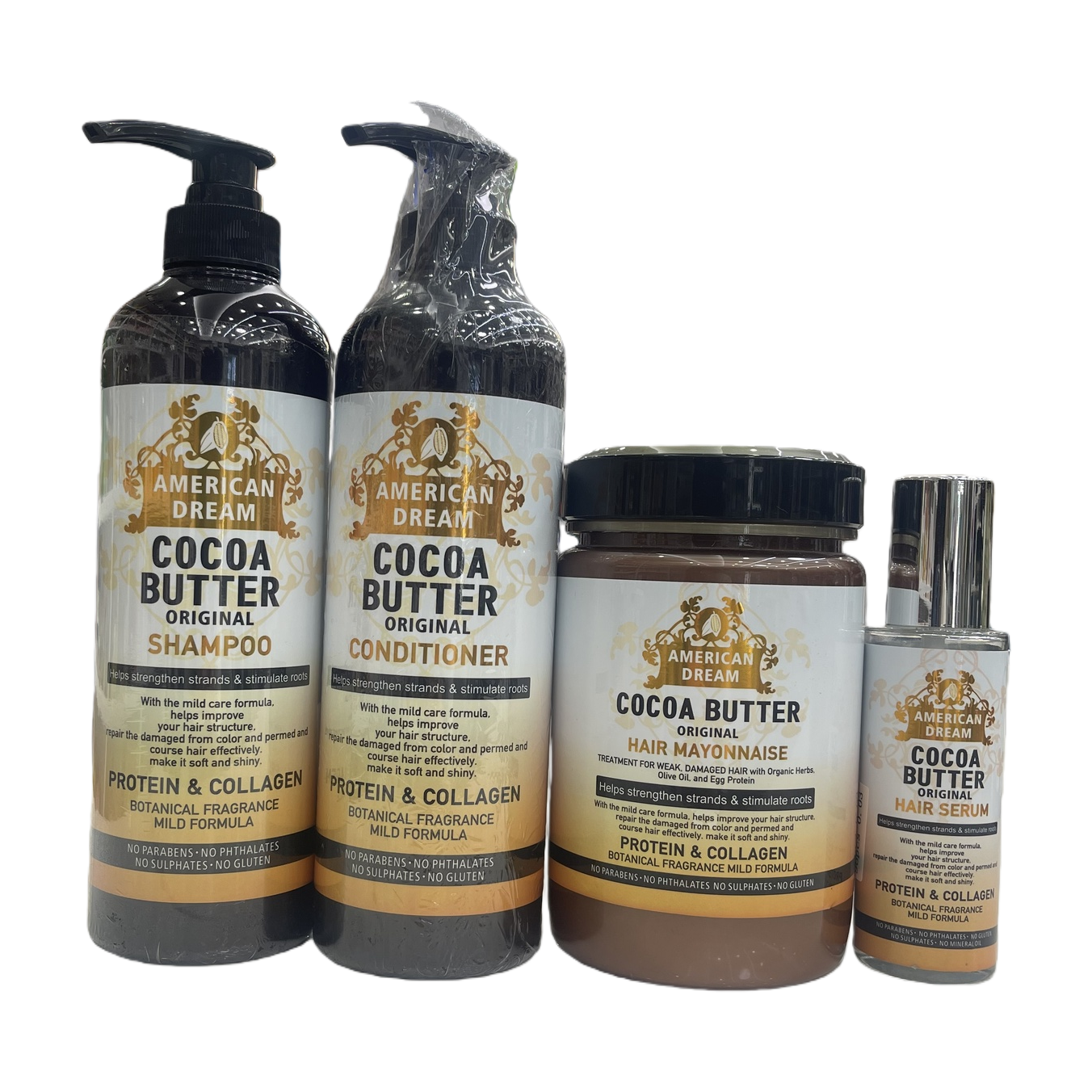 AD COCOA BUTTER ORIGINAL棕色瓶身洗发水护发素发油护发素瓶盖四件套白底实物图