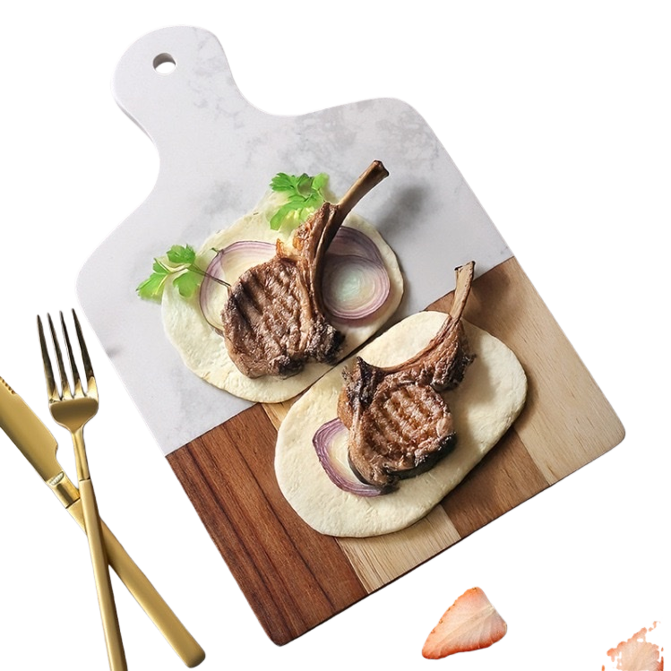 Grilled lamb chops with pancake rolls on a white marble-patterned wooden cutting board Item Picture