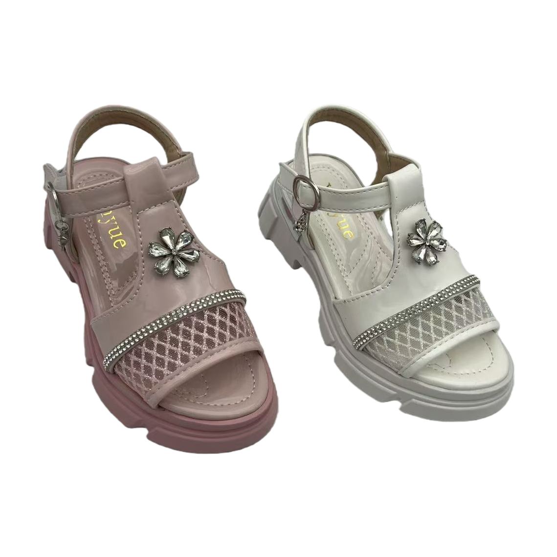 Pink and white children's sandals with floral rhinestone mesh and diamond-encrusted straps Item Picture