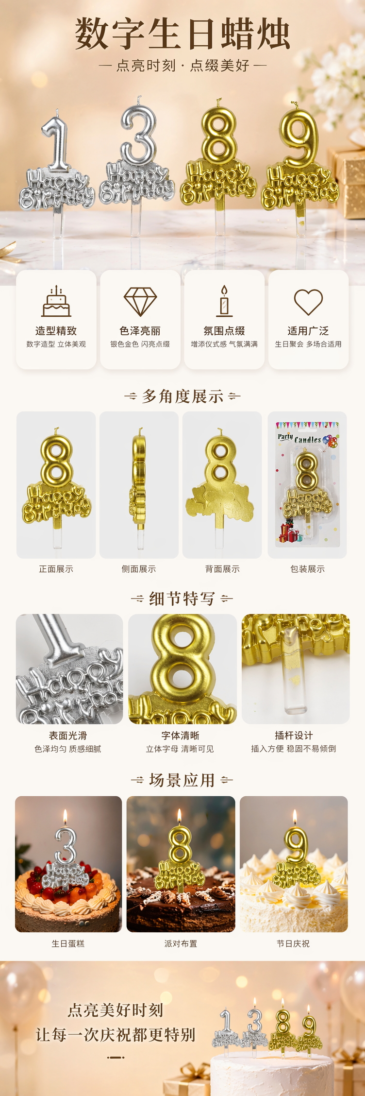 彩色数字生日蜡烛银1银3金8金9带HappyBirthday白色卡板 pic 1
