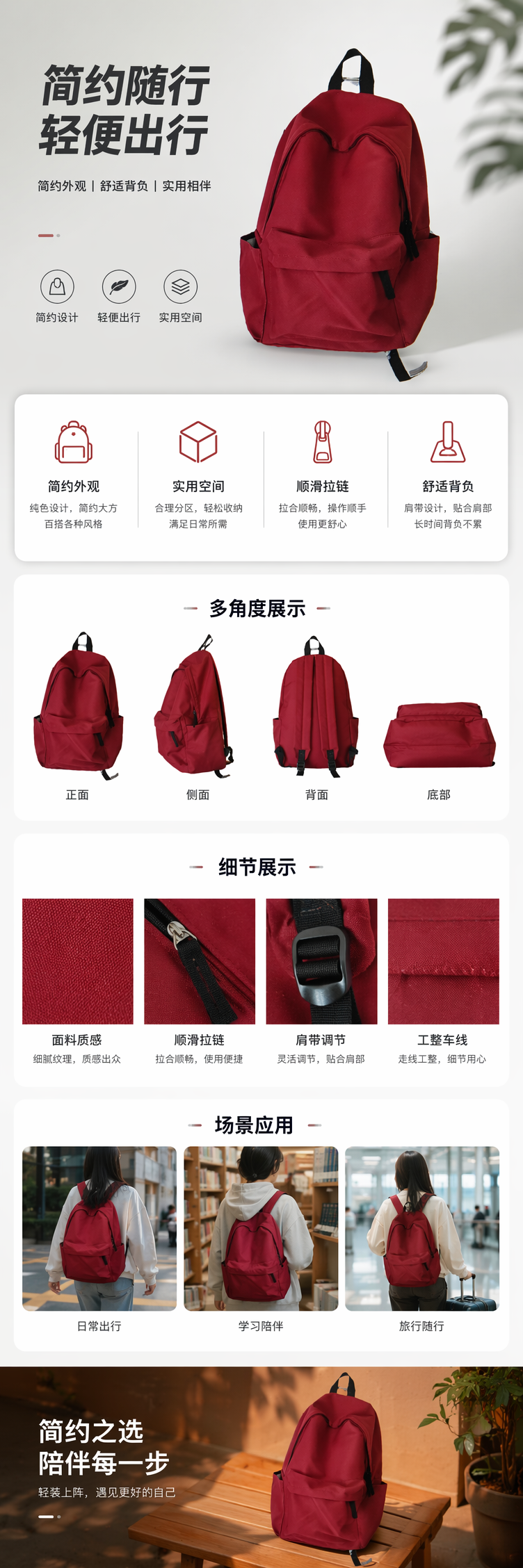 红色牛津布通勤双肩背包轻量耐磨学生上班族专用 pic 1