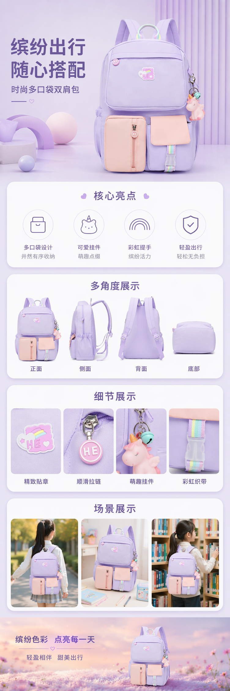 淡紫色双肩包轻便大容量学生通勤休闲背包 pic 1