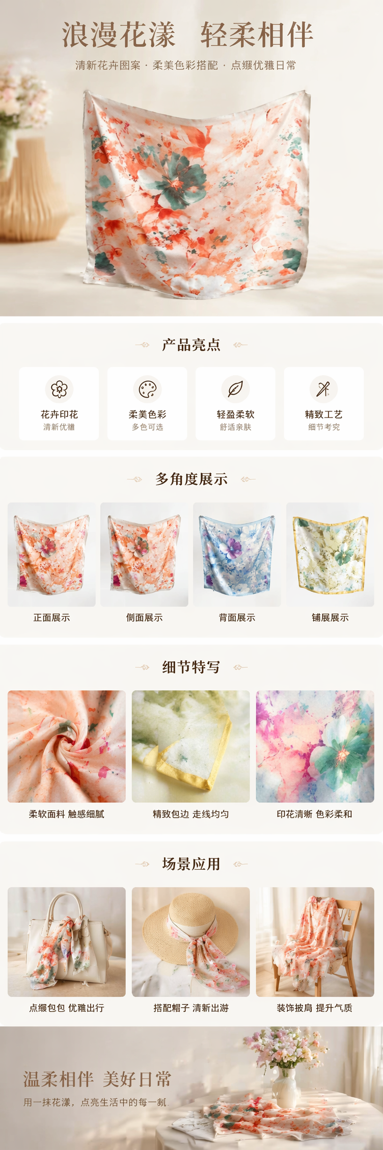 四款花卉图案丝巾真丝混纺轻盈透气四季通用详情1