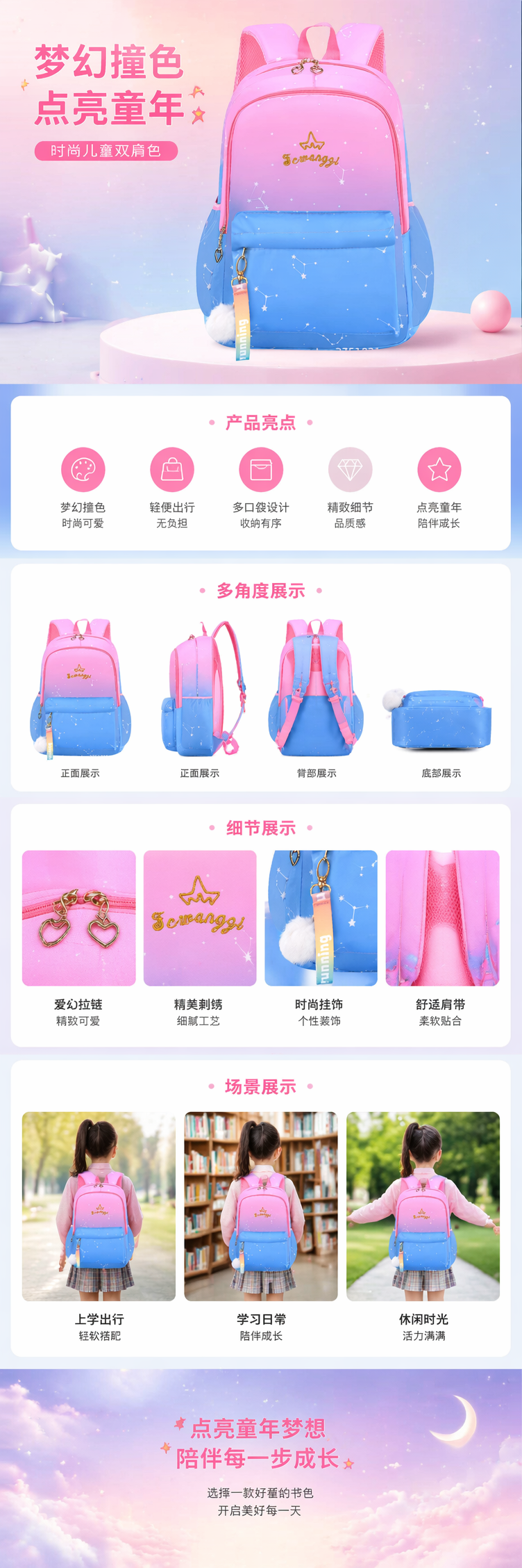 粉色渐变蓝色星空图案双肩包时尚轻便大容量学生通勤背包 pic 1