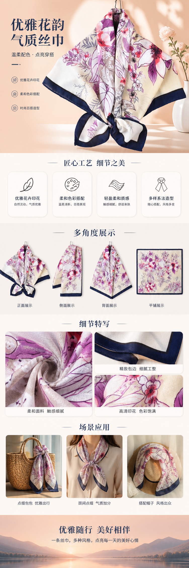花卉图案真丝丝巾轻盈透气显气质女士春夏配饰详情1