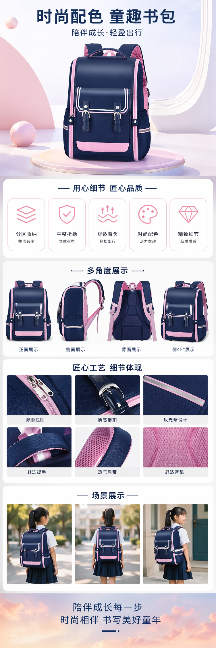 深蓝色带粉色装饰儿童书包轻便耐磨小学生双肩包 pic 1