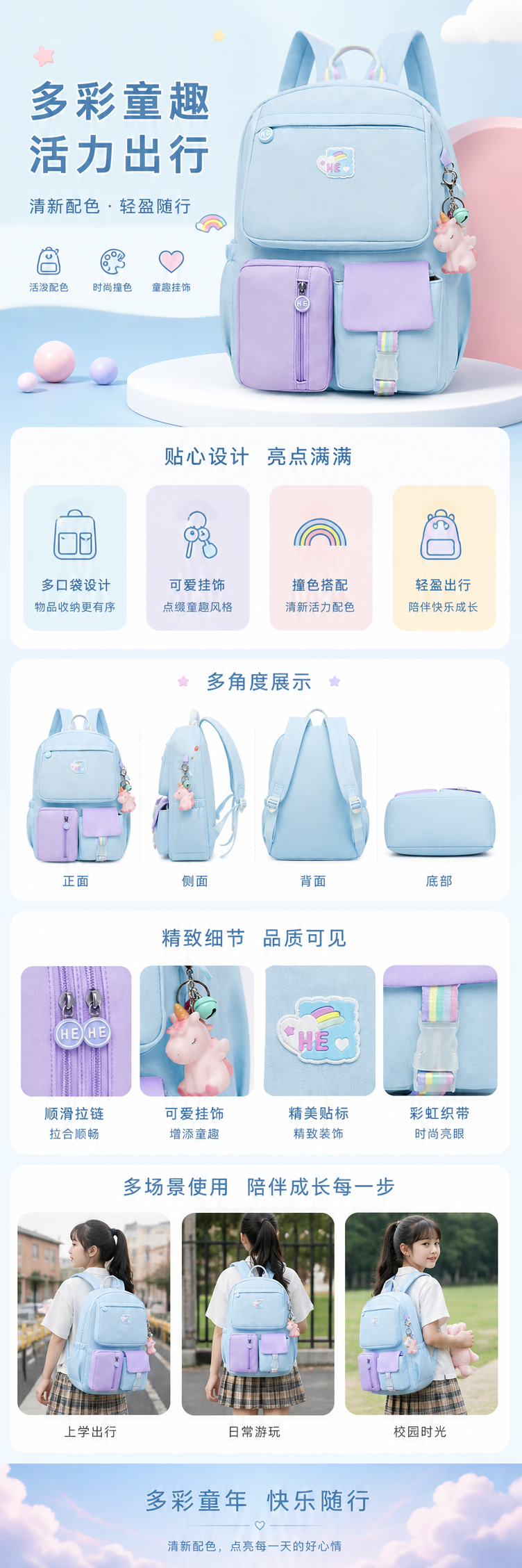 浅蓝色双肩包 紫色前袋彩虹装饰学生通勤轻便背包 pic 1