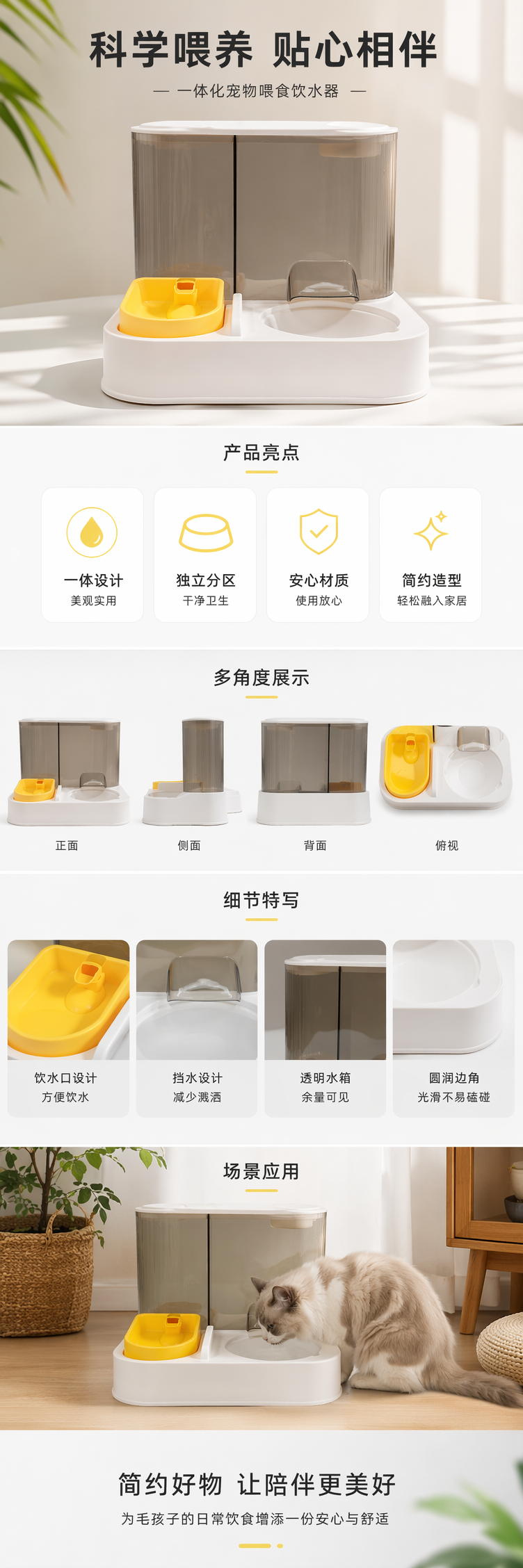 白色宠物自动喂食器配灰色储粮桶黄色饮水碗 pic 1