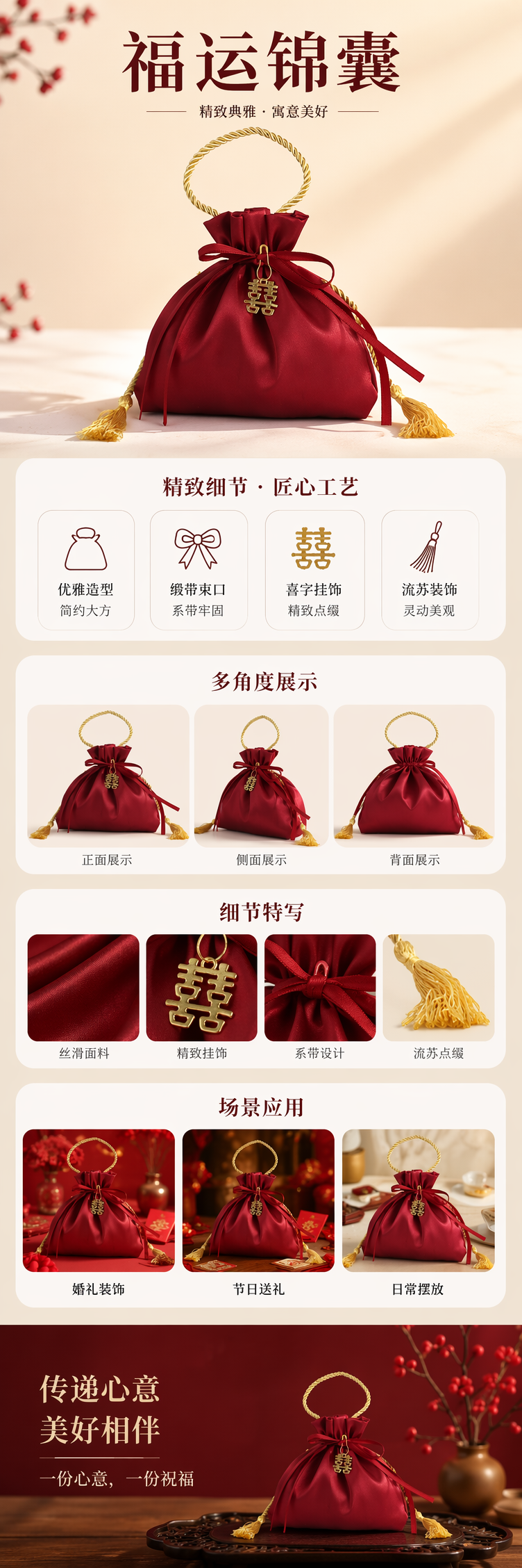 红色丝质喜袋配金色双喜吊坠绳环手柄详情1
