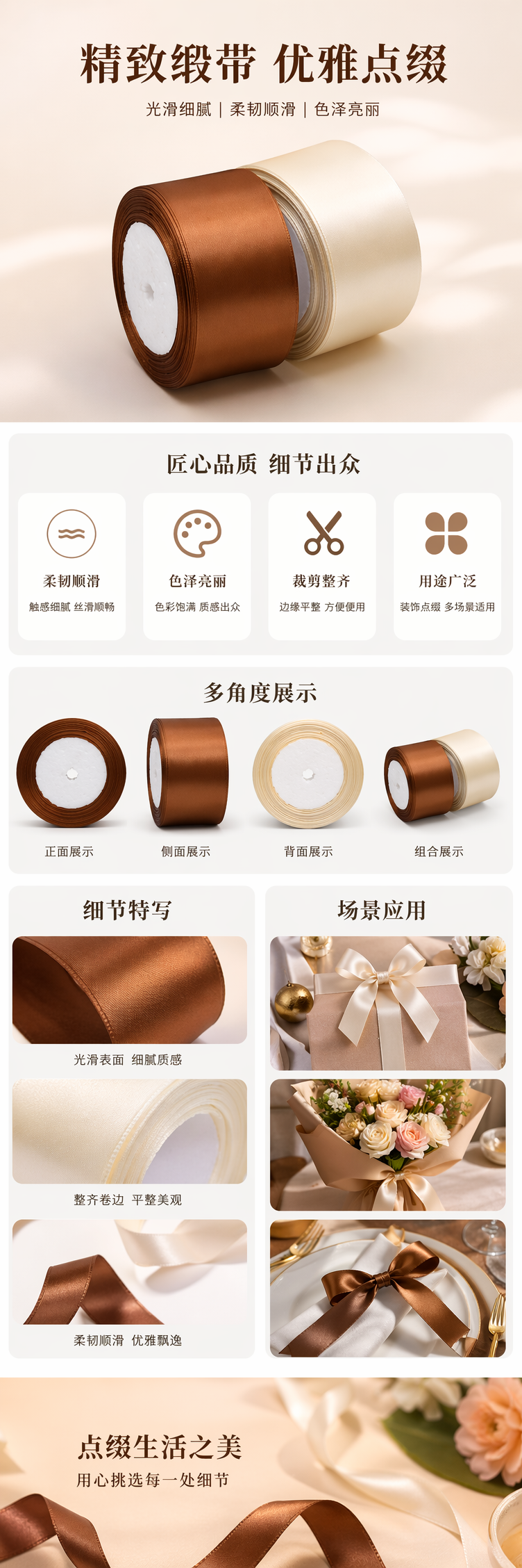 棕色与米白色缎面丝带 礼品包装装饰用详情1