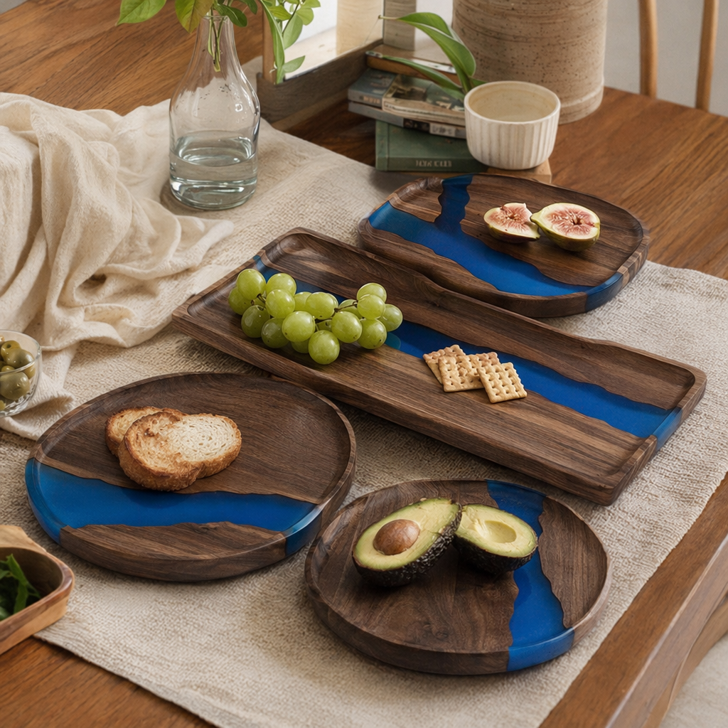 Black walnut wood trays, round customization, acacia wood solid wood, river resin tea trays, pastries, Western food service cutting boards wholesale details Picture