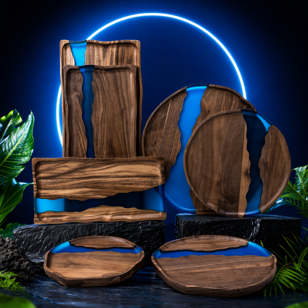 Black walnut wood trays, round customization, acacia wood solid wood, river resin tea trays, pastries, Western food service cutting boards wholesale Specification image
