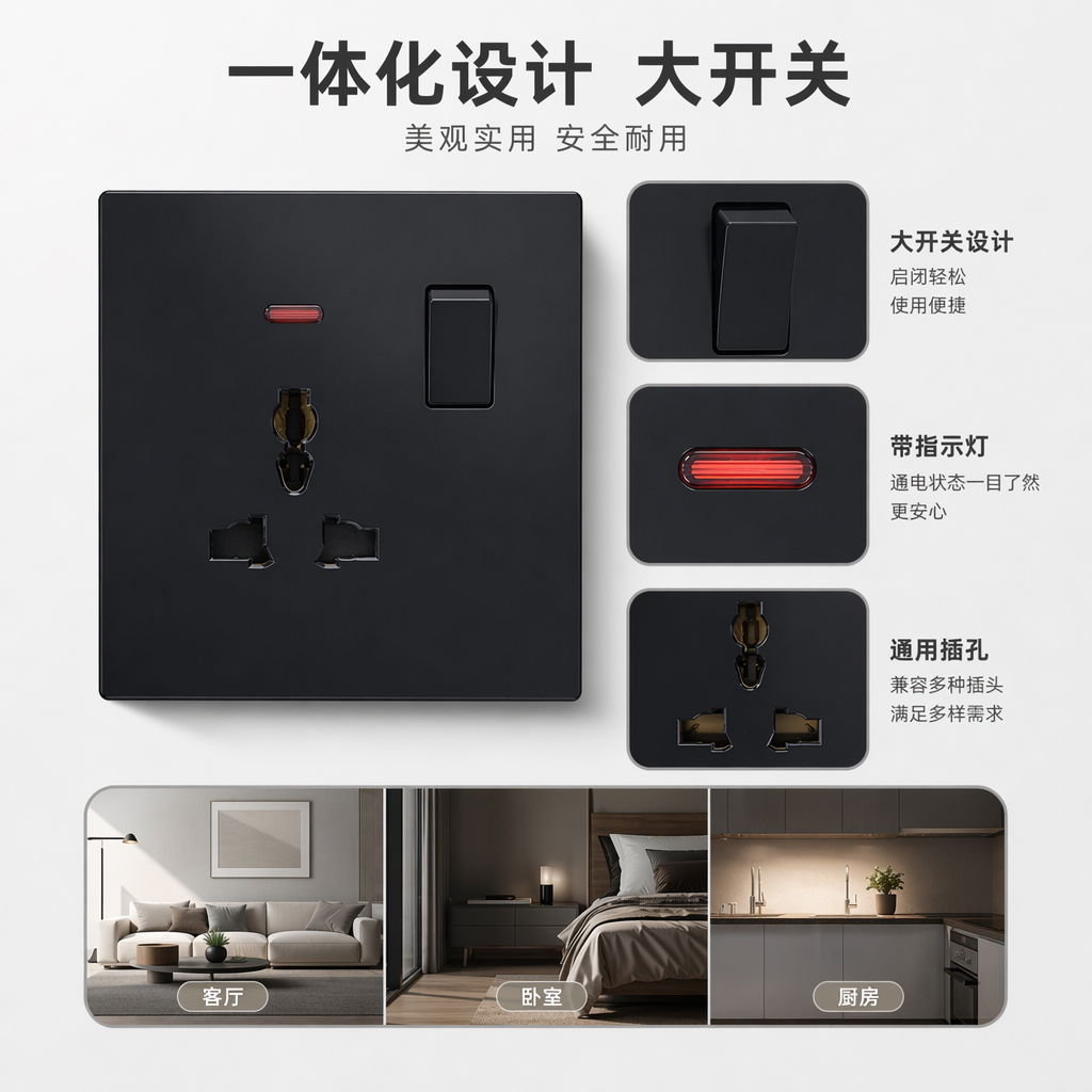 T5/T6 black 13A multi-functional socket panel wall switch panel outlet