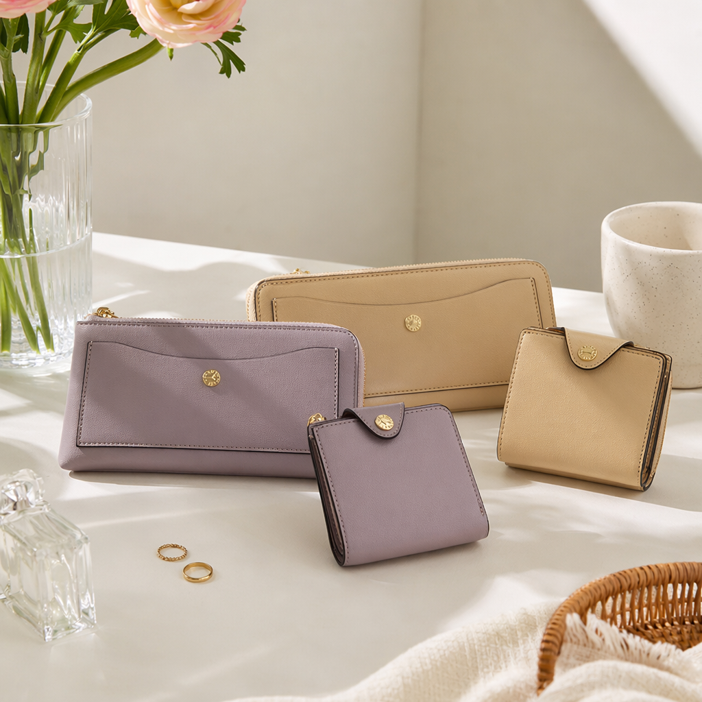 A simple and fashionable two-color accessory set of light purple and beige wallet for women details Picture
