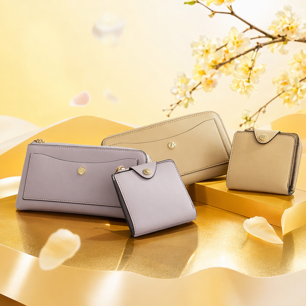 A simple and fashionable two-color accessory set of light purple and beige wallet for women Specification image
