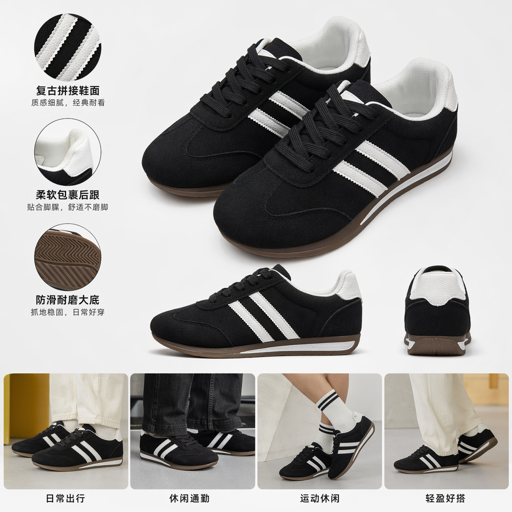 彩色复古运动鞋 深色木纹桌面拍摄展示