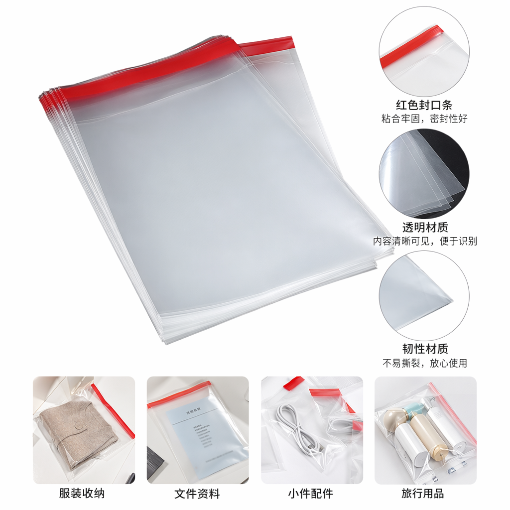 红色封口条透明塑料袋食品级加厚密封保鲜袋