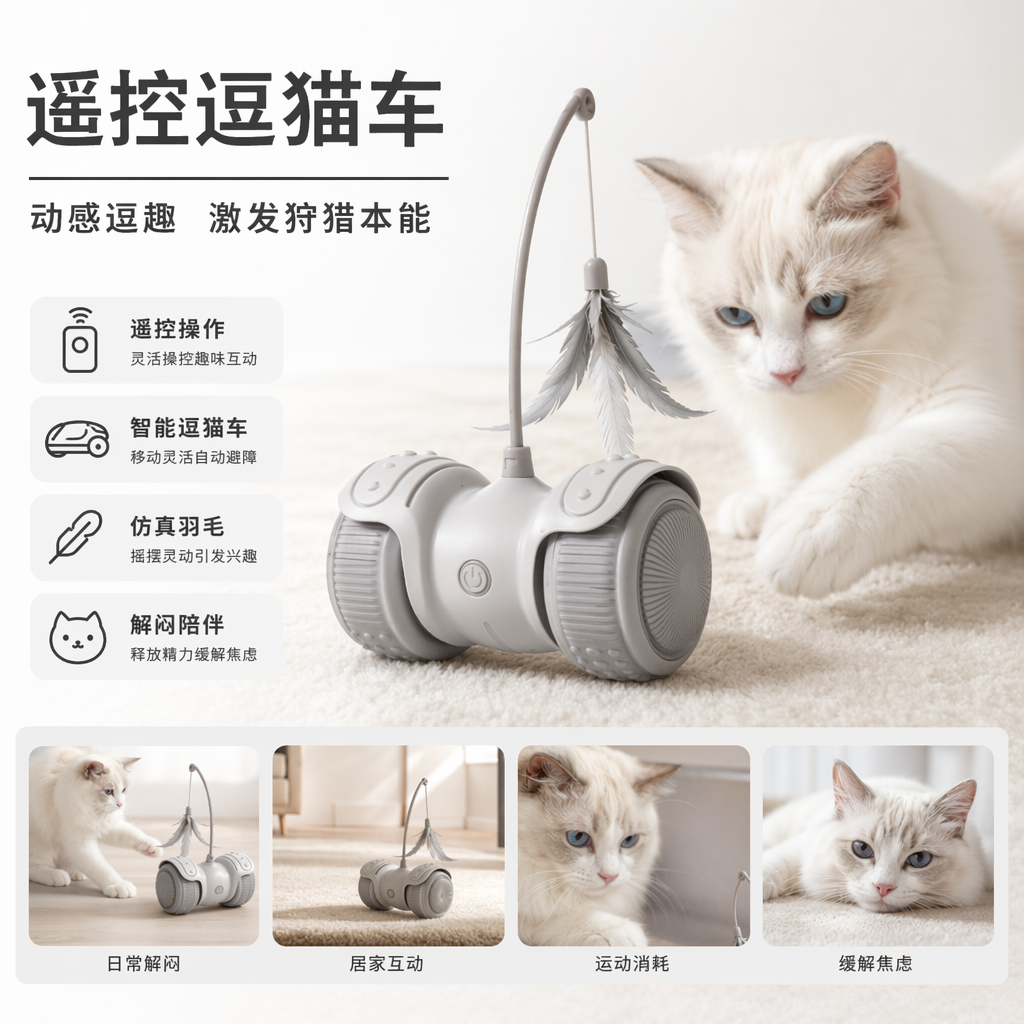 灰色遥控猫车玩具带羽毛逗猫棒和遥控器
