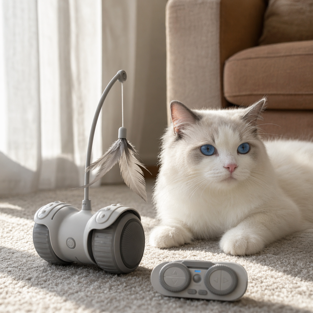 灰色遥控猫车玩具带羽毛逗猫棒和遥控器产品图