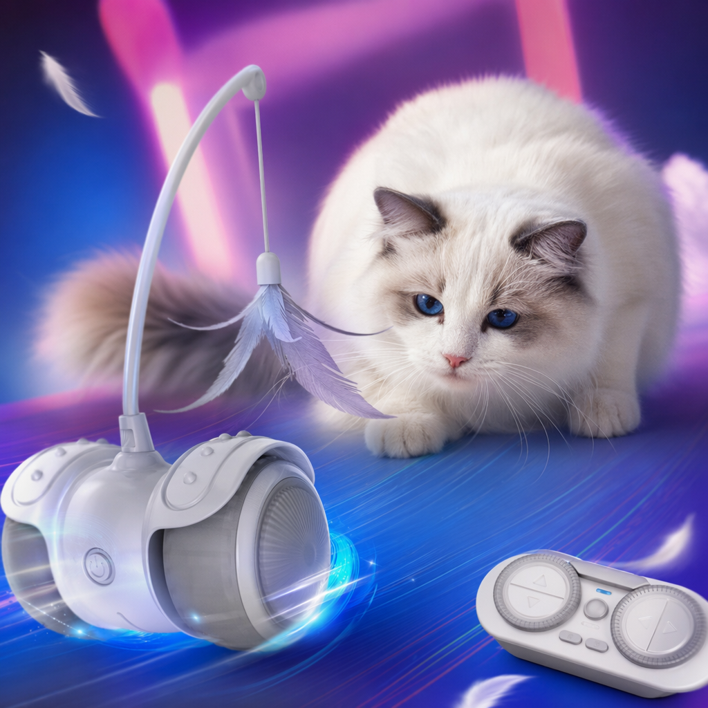灰色遥控猫车玩具带羽毛逗猫棒和遥控器细节图