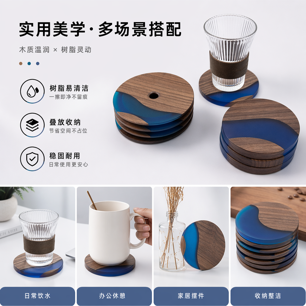 木质蓝釉杯垫配玻璃杯套装 家居茶具防烫隔热垫