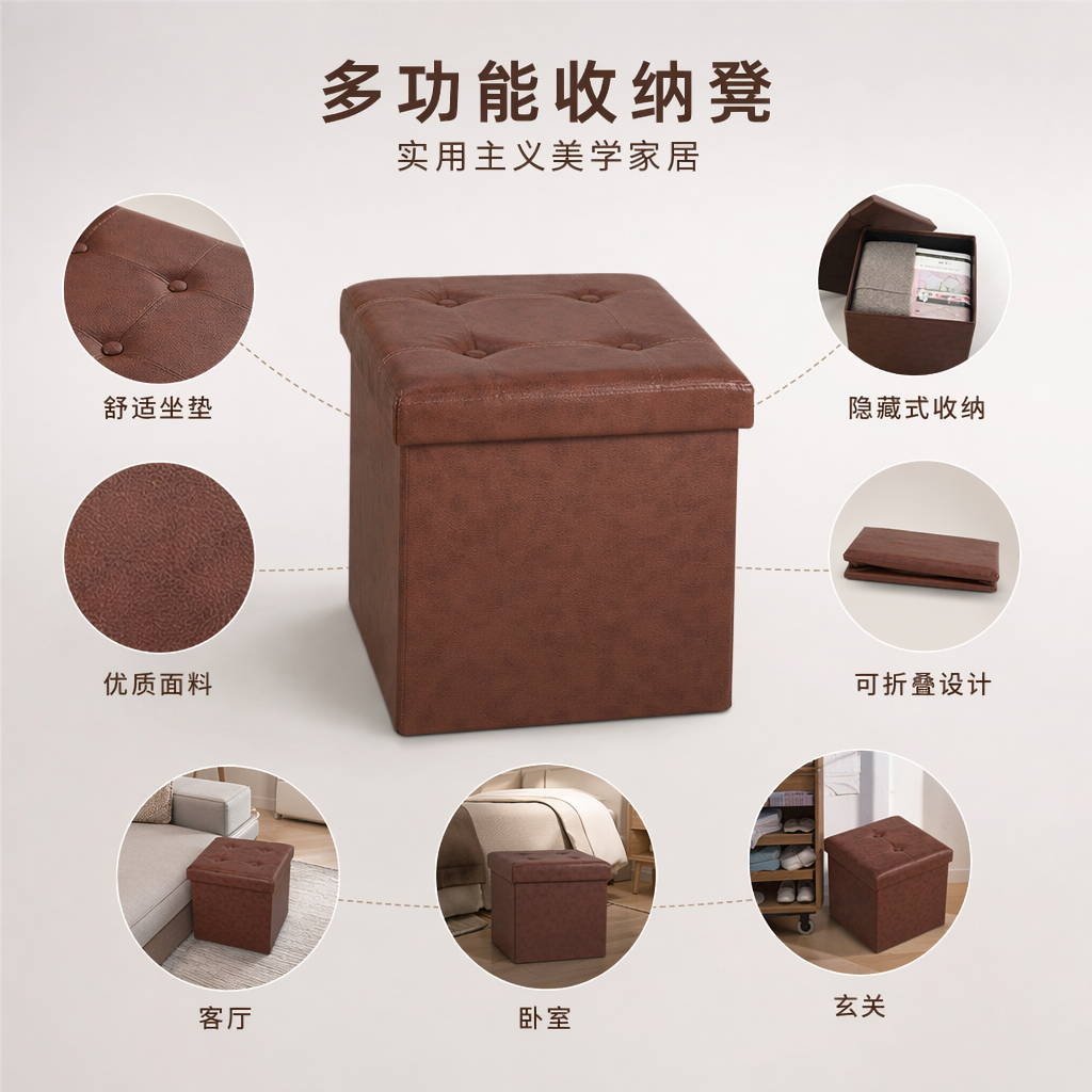 棕色皮质折叠凳家用小凳子客厅卧室便携轻便收纳款